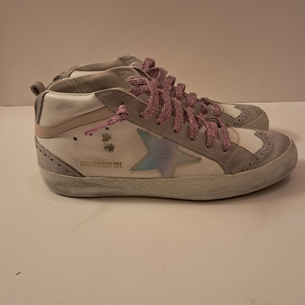 Golden Goose White Gray Sneakers with Pink Laces and Iridescent Blue Star